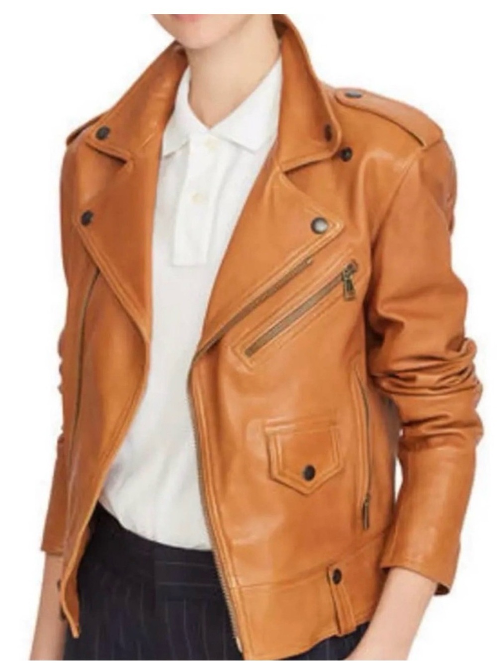 NWOT Polo Ralph Lauren Lamb Leather Moto Jacket Cognac Brown Asymmetrical Zip 14